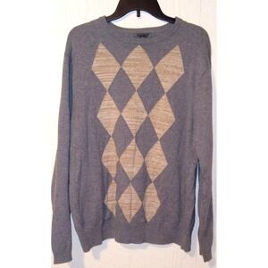 Spring + Mercer Argyle Sweater Mens XL Gray Tan Cotton Crewneck Knit